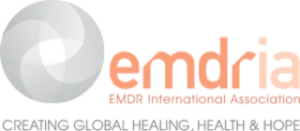 The EMDR International Association Logo, with a grey sphere on the left and in orange writing, which also read on the bottom "Creating Global Healing, Health & Hope"